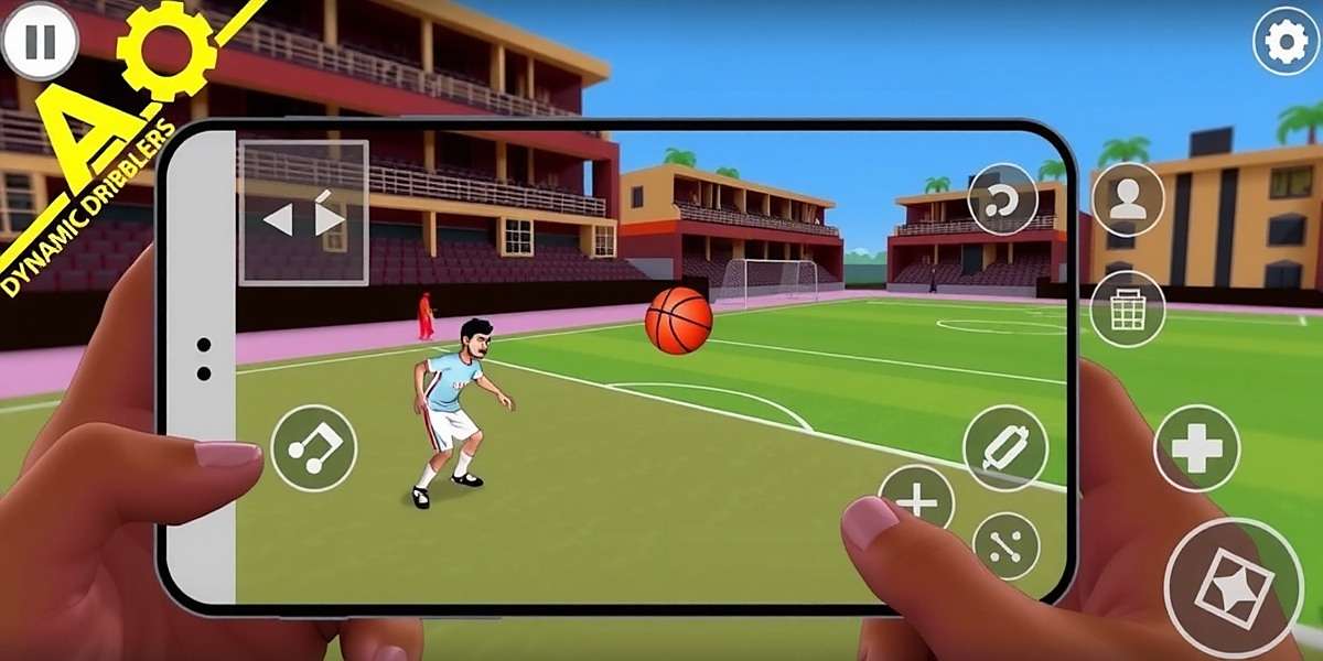 Dynamic Dribblers - Intuitive Game Controls Dynamic Dribblers game controls showing touchscreen interface with Indian player executing a dribble